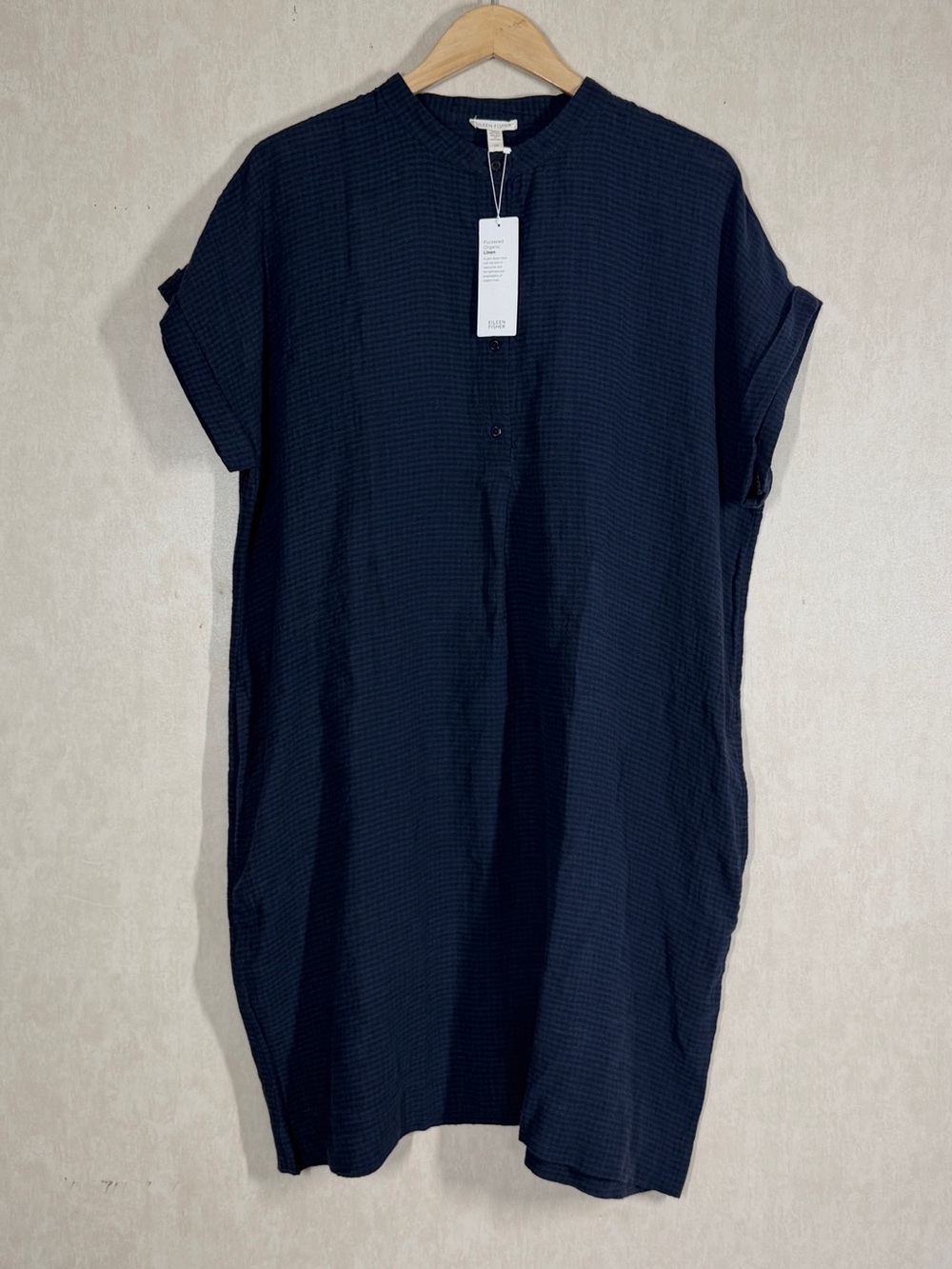 NWT Eileen Fisher Women’s Puckered Organic Linen Shirtdress in Check Gingham L
